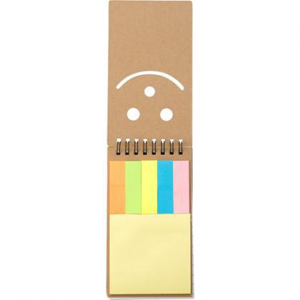 Notebook with sticky notes.