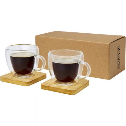 Manti 2-piece 100 ml double-wall glass cup with bamboo coaster