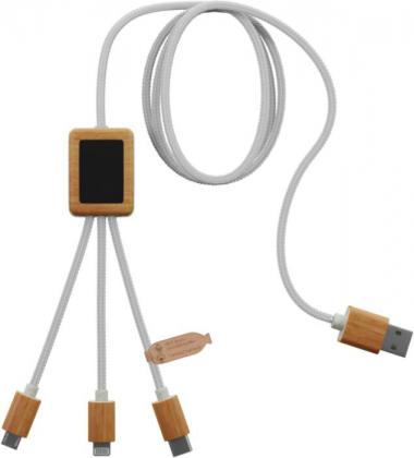 SCX.design C39 3-in-1 rPET light-up logo charging cable with squared bamboo casing